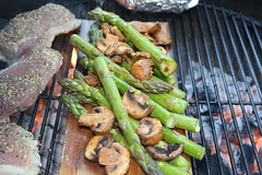 Grilled Cedar Planked Asparagus and Mushrooms