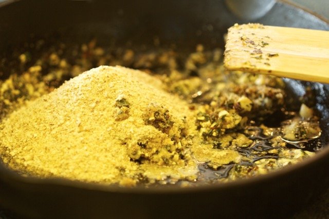 Adding the bread crumbs