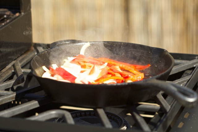 Sausage Sandwich fixings in a cast iron skillet